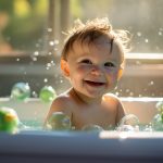 A baby is smiling in the tub with bubbles.